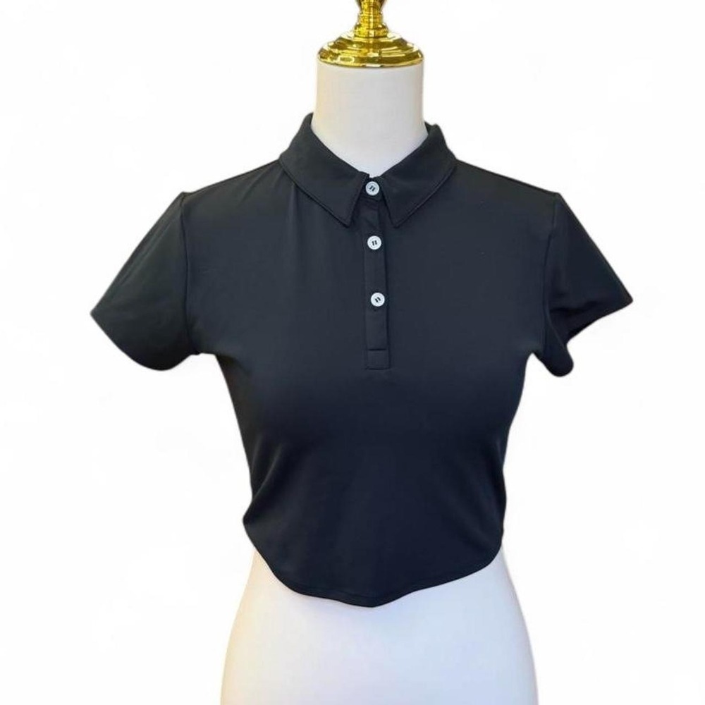 90 Degree by Reflex Black Cropped Polo Shirt Black Size Medium